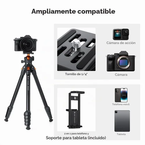 Vista 7 de K&F CONCEPT Trípode de viaje de aluminio de 63" para cámara