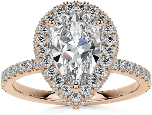Vista 5 de Anillo de compromiso de diamantes con halo superior y lateral de corte de pera blanca de 2.75 quilates con certificación IGI en oro rosa amarillo