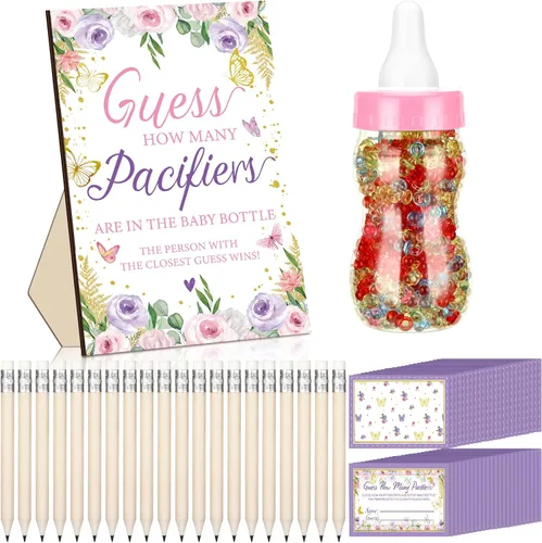 Vista 8 de Syhood 472 piezas de juegos de baby shower de abejas Adivina cuántos chupetes signo de juego 50 pequeños juegos de adivinanzas 20 lápices HB botella