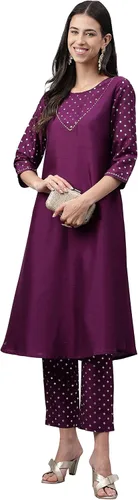Vista 4 de Janasya Kurta sólido de seda crepé púrpura para mujer con pantalón