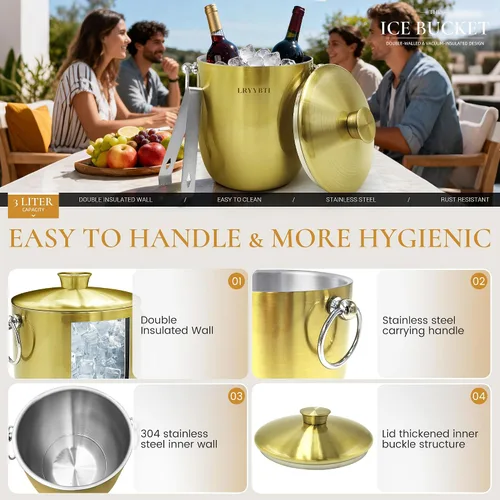Vista 4 de Cubos de hielo para fiestas con tapa, pinzas y colador (3L/dorado) cubo de hielo de acero inoxidable de doble pared que mantiene el hielo congelado