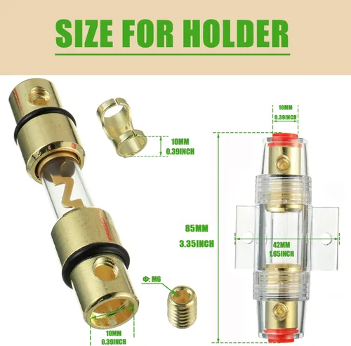 Vista 2 de Portafusibles en línea de calibre 4-8 AWG con fusibles AGU de 100 A para audio de coche, alarma, amplificador, compresores, soporte de fusibles