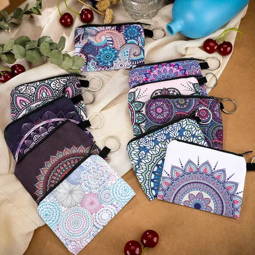 Vista 7 de Monedero pequeño de 10 piezas, estilo bohemio, con cremallera, exquisito regalo para mujeres y niñas en el día de San Valentín, Estampado De Flores