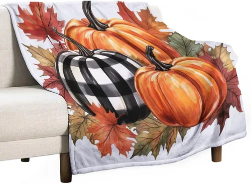 Vista 28 de Manta de lana cuadriculada con diseño de calabaza, hojas de arce, Acción de Gracias, manta de cama para otoño, Acción de Gracias, ligera, súper