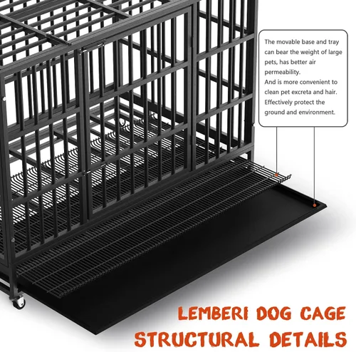 Vista 3 de LEMBERI - Jaula para perro indestructible y resistente de 48/38 pulgadas, a prueba de escapes con ruedas bloqueables, doble puerta para evitar