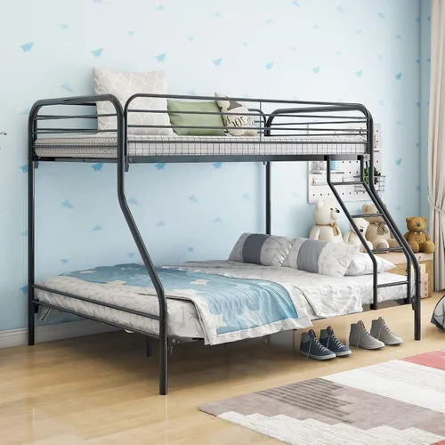 Vista 8 de EMKK Litera de metal con marco de metal y escalera para niños, adolescentes y adultos, diseño que ahorra espacio, color negro