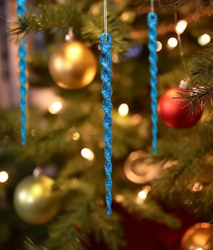 Vista 6 de AMS Adornos de carámbanos de plástico con purpurina brillante, 30 piezas de carámbanos torcidos, decoración para árbol de Navidad y colgar en Azul