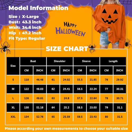 Vista 6 de Sudaderas con estampado de calabaza de Halloween para mujer, manga larga, cuello redondo, para otoño, tallas S-2XL