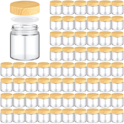 Vista 9 de Norme 120 tarros de vidrio de 4 onzas con tapas, recipientes de vidrio vacíos con tapas de grano de madera y revestimientos interiores