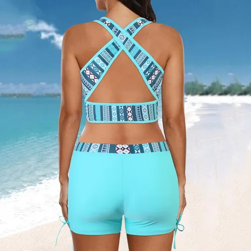 Vista 4 de Traje de baño de dos piezas con aros para mujer, con estampado de moda, con pantalones cortos