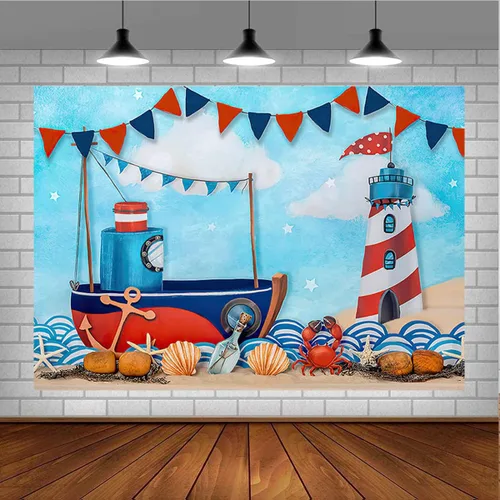 Vista 3 de Fondos de fotografía náutica de verano para vacaciones, velero, faro para niños, decoración de fondo de cumpleaños para niños, fiesta temática