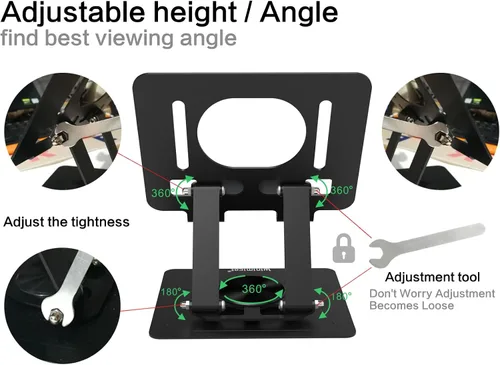 Vista 7 de Soporte para tablet para escritorio, con base de metal giratoria de 360°, soporte de doble varilla ajustable multiángulo, accesorios de oficina
