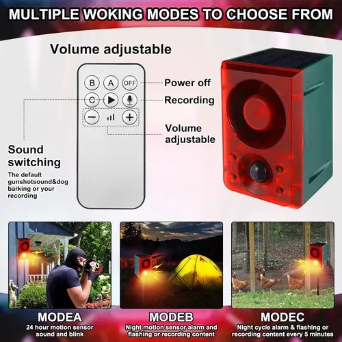 Vista 4 de Qualirey Alarma solar con sensor de movimiento para exteriores con sonido de disparo de estaca, 3 modos de grabación y volumen ajustable, carga USB