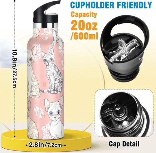 Vista 2 de Botella de agua aislada con popote Kawaii Devon Rex Cats Blush doble pared aislada al vacío ligera para deportes, gimnasio, viajes al aire libre