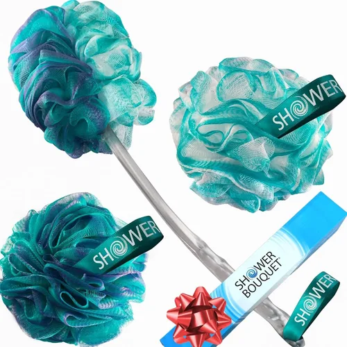 Vista 10 de SHOWER BOUQUET Juego de esponja y depurador de carbón/ 1 cepillo largo para la espalda más 2 puffs extra grandes de 2.6 oz de malla suave