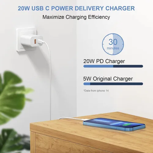 Vista 5 de Bloque de Cargador USB C Carga Rápida Adaptador Multipuerto iPhone 17 Bloque de Cargador 20W USB-C y Puerto USB-A para iPhone