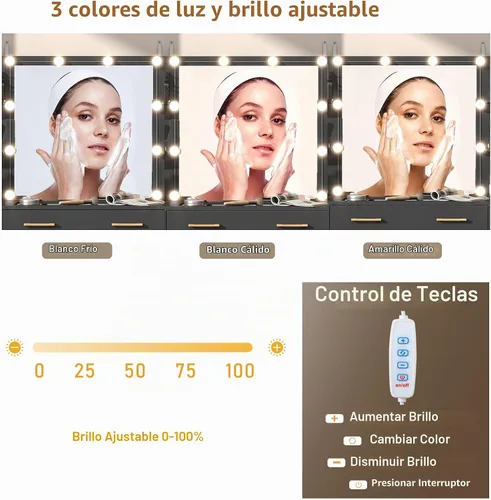 Vista 7 de Escritorio de tocador con espejo y luces, tocador de maquillaje grande de 43.5 pulgadas con parte superior de vidrio y 9 cajones, mesa de maquillaje