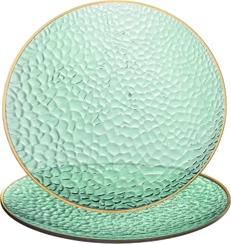 Vista 6 de [Azul martillado con borde dorado paquete de 4 unidades] Platos de carga de 13 pulgadas azul martillado con borde dorado de plástico resistente