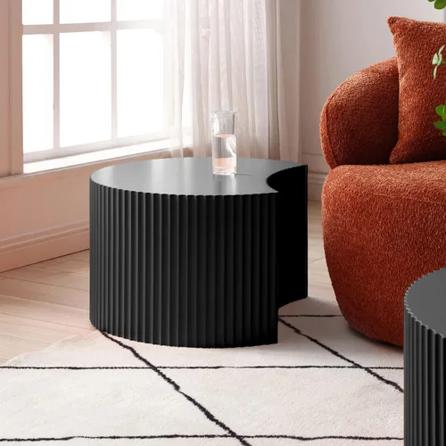 Vista 5 de Juego de 2 mesas de centro redondas negras de 55.12 pulgadas, mesa lateral moderna para sala de estar, diseño contemporáneo de círculo de madera