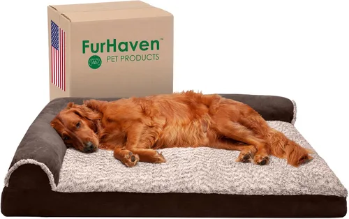 Vista 17 de Furhaven - Cama para perro de espuma viscoelástica, estilo diván en forma de L, de felpa y estampado de almendras, almendras azules, talla jumbo