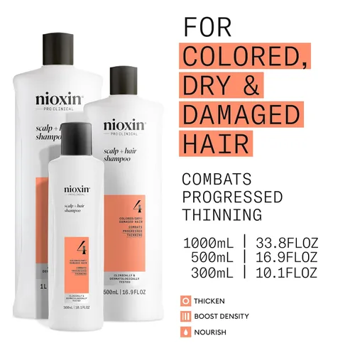 Vista 3 de Nioxin System 4 Champú Espesante para Cuero Cabelludo + Cabello para Cabello Teñido, Seco y Dañado con Adelgazamiento Progresivo Mantiene