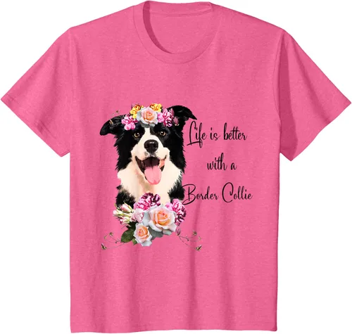 Vista 62 de Life is Better With a Border Collie - Camiseta de perro lindo con flores, gris, S Gris Oscuro