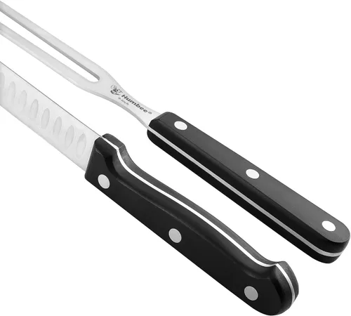 Vista 2 de Juego de cuchillo de trinchar de 10 pulgadas y tenedor de 9 pulgadas, hoja de acero inoxidable afilada con mango de agarre de espiga completa, borde