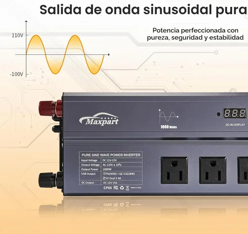 Vista 4 de Inversor de Onda Sinusoidal Pura de 1000W de 12V DC a 120V AC, Inversor de Corriente para Automóvil de 1000 Vatios 12 Voltios para Hogar, Camping