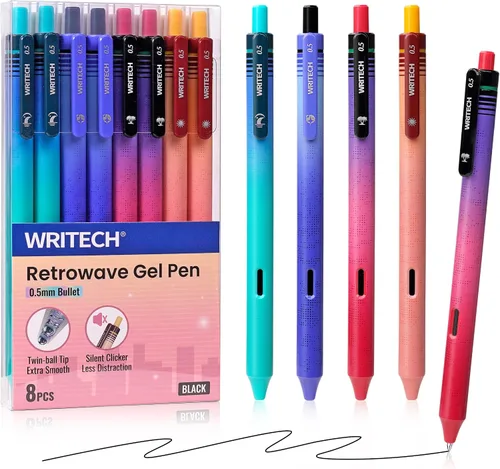Vista 13 de WRITECH Bolígrafos de gel de punta fina: 0.5mm, 4 unidades, bolígrafo retráctil con clic, tinta negra, color estético degradado, cañón suave