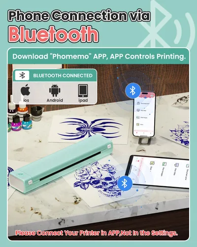Vista 3 de Phomemo Impresora inalámbrica de plantillas de transferencia de tatuajes M08F con 1 bolsa de tatuaje multifuncional