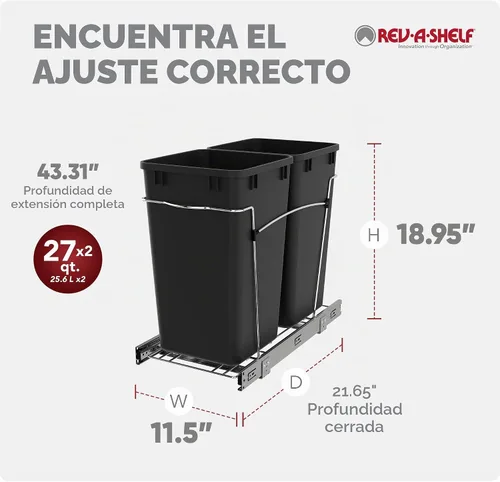 Vista 3 de Cesto de basura doble y extraíble RV V-15KD-18CS de Rev-A-Shelf Negro