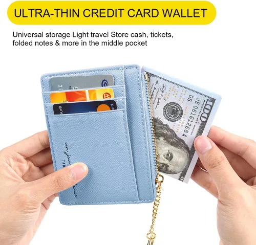 Vista 85 de URAQT Cartera para tarjetas de crédito, cartera minimalista de cuero delgado con cremallera, mini protector de tarjeta de crédito, llavero bolsillo