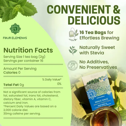 Vista 2 de Four Elements Minus Sinus Tea 16 bolsas (1.2 onzas), menta verde, sin cafeína Té de hierbas de gordolobo, ortiga, flor de saúco, stevia