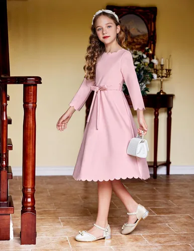 Vista 8 de Arshiner Vestido de fiesta para niñas con ribete festoneado, cinturón, acampanado, formal, por debajo de la rodilla, con bolsillos, para 6-15 años