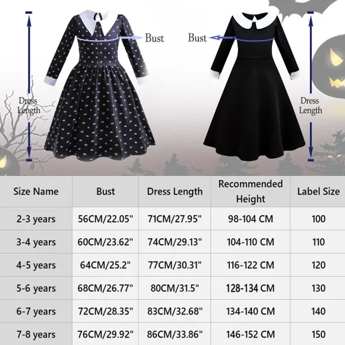 Vista 6 de Luzlen Wednesday Addams - Disfraz para niñas con peluca y calcetines para niños, vestido familiar Addams, disfraz de Halloween y cosplay, trajes