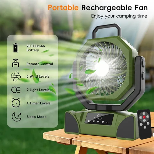 Vista 2 de Ventilador de camping portátil de 20000mAh, ventilador recargable alimentado por batería con control remoto y oscilación, pantalla LED, luz
