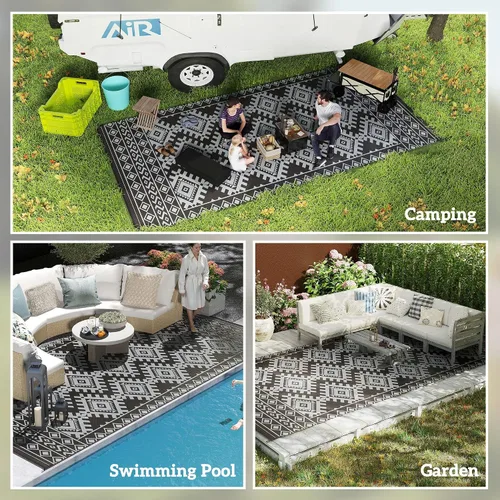 Vista 5 de Outsunny Alfombra de exterior para patio impermeable 9' x 18' rombo negro y Borde rombo negro y gris