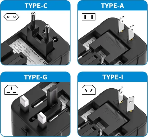 Vista 6 de Adaptador de viaje universal con USB C, HITRENDS Worldwide todo en uno, adaptador de corriente internacional, convertidor de viaje y adaptador