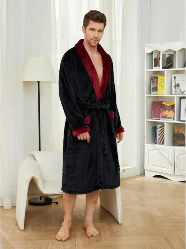 Vista 2 de U2SKIIN Albornoz de forro polar para hombre con cuello de felpa