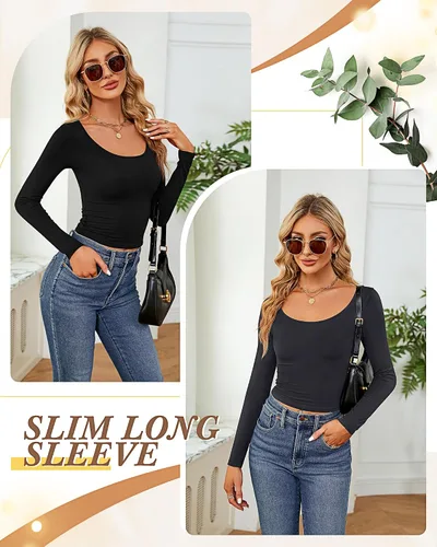 Vista 5 de 3 piezas de camisetas cortas básicas de manga larga para mujer, ajustadas, cuello redondo, color liso, casual, para mujer