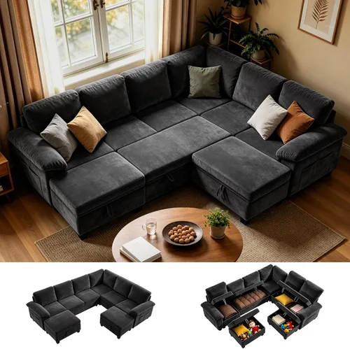 Vista 16 de 86" L-Shaped Sectional Sleeper Couch, Modular Pull-Out Storage Sofa Bed Green