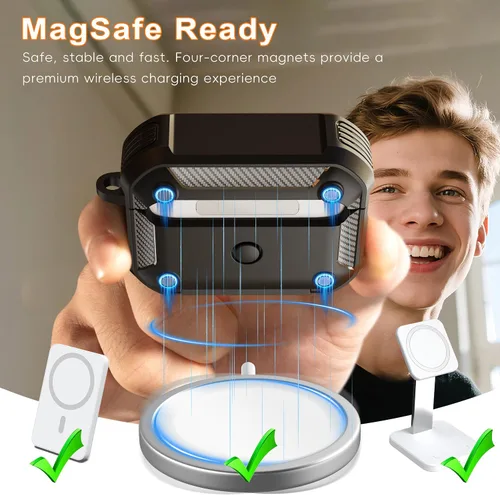 Vista 7 de R-fun Funda para AirPods Pro 2 con Kit de Limpieza, Elementos de Fibra de Carbono Militar a Prueba de Caídas, Cubierta Auto Pop up, Soporte