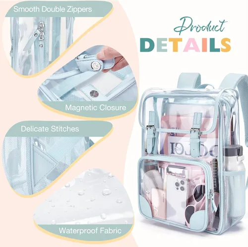 Vista 5 de mommore Mochila transparente resistente, grande, transparente, para escuela, PVC, aprobada para estadios, mochila transparente