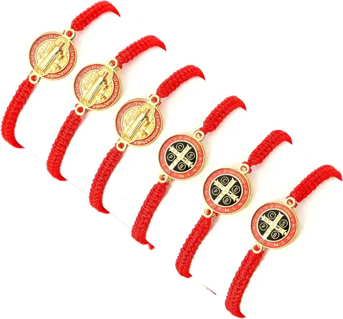 Vista 10 de Paquete de 12/6 piezas Pulseras de San Benito Protección hechas a mano con cordón rojo y negro, pulseras de muñeca Benedict ajustables, medalla