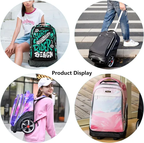 Vista 27 de NEW TILAMI Mochila con ruedas de 19 pulgadas con bolsa de almuerzo para niñas y niños, mochila para laptop con ruedas, bolsa de mano duradera
