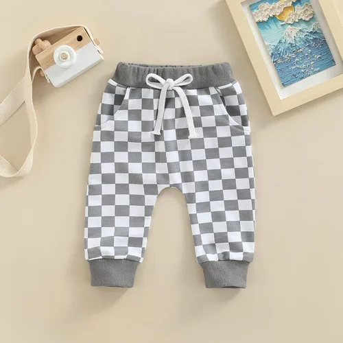 Vista 2 de lingsahng Pantalones de bebé para niño pequeño, cintura elástica, mezcla de algodón, pantalones deportivos holgados y largos, ropa de bebé, Cuadros