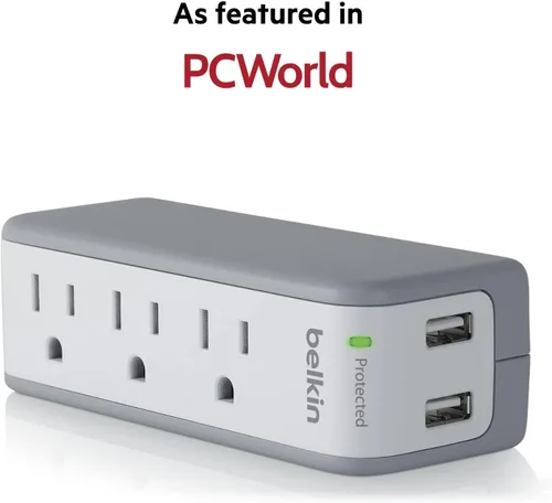 Vista 2 de Belkin - Protector de sobrecargas con montaje en pared, 3 tomas de corriente alterna, 2 puertos USB, divisor de enchufe giratorio plano, extensión