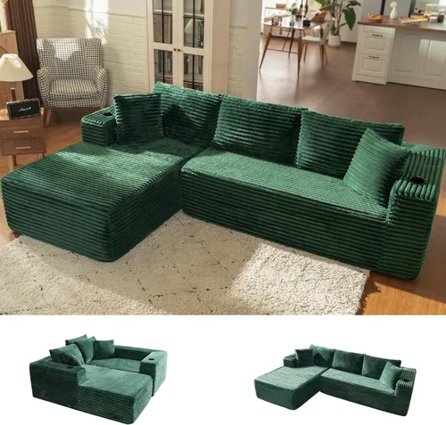 Vista 10 de Sofá modular en forma de L de 106 pulgadas con diván, sofá de pana sin hueso con reposabrazos anchos y portavasos para sala de estar y dormitorio