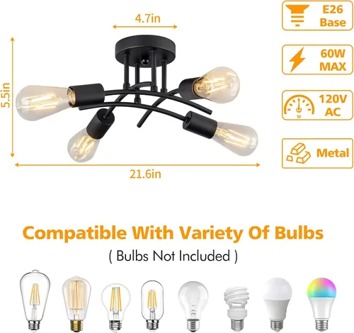 Vista 3 de Lámpara industrial de techo semiempotrada de 4 luces, moderna lámpara negra para cerca del techo, lámpara de araña con base E26, lámpara colgante