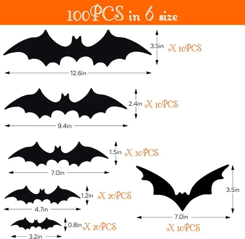 Vista 2 de Decoración de pared de murciélagos, 100 piezas 3D de murciélagos de Halloween, 6 tamaños diferentes de PVC negro adhesivo de murciélago